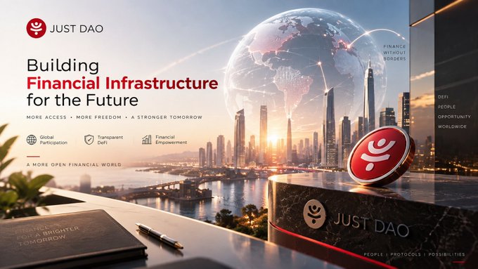 A promotional graphic for 'JUST DAO' cryptocurrency/financial platform with the headline 'Building Financial Infrastructure for the Future' featuring a futuristic cityscape, globe, and the Just DAO coin.