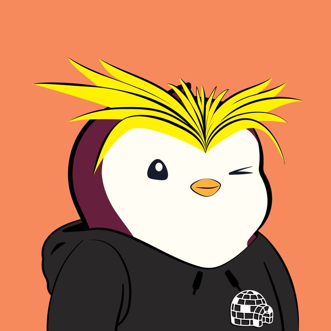 A cartoon penguin character with spiky yellow hair, winking with one eye, wearing a black hoodie featuring an igloo logo against an orange background.