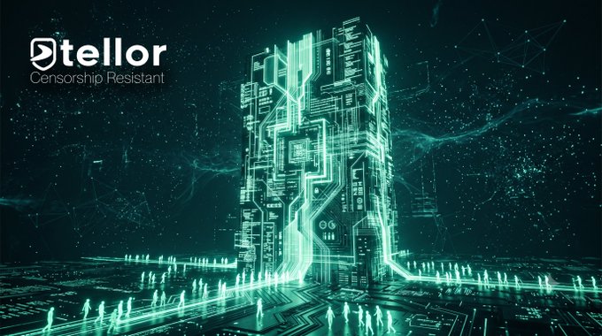 A futuristic digital illustration of glowing green circuit board towers forming a cityscape with the "Tellor Censorship Resistant" logo in the top left corner.