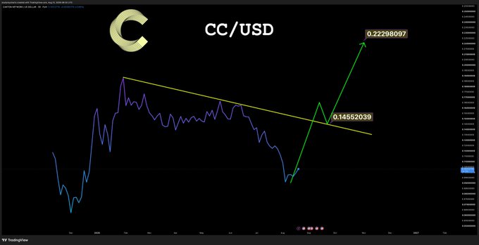 A TradingView chart of CC/USD shows the cryptocurrency's price action from June through 2023, with a yellow descending trendline being broken by a sharp green upward move from a low of 0.14552039 to a high of 0.22298097, illustrating the accurate bottom call referenced in the post.