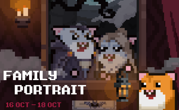 A pixel art 'Family Portrait' event advertisement from October 16-18 featuring hamster-like characters around a lantern.