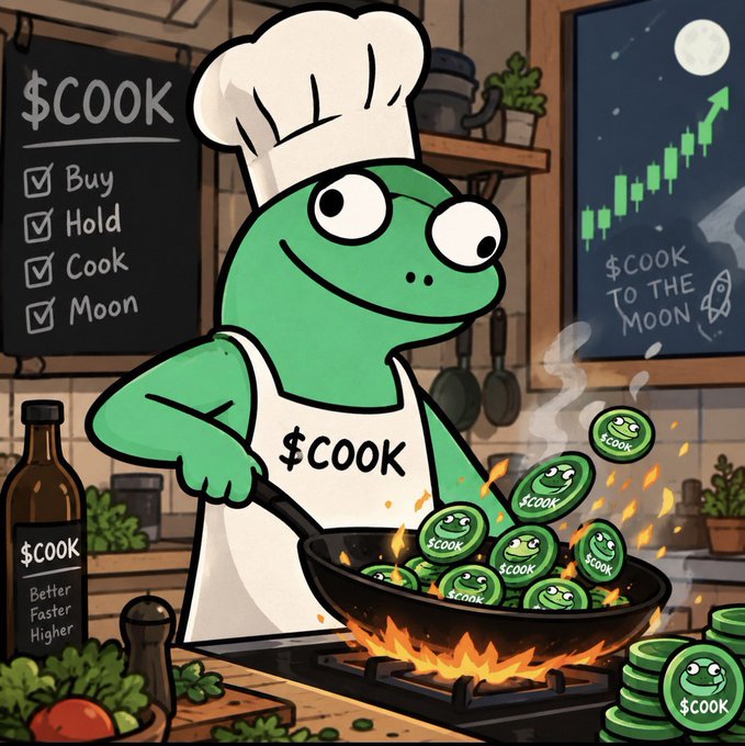 A cartoon meme illustration of a green Pepe-style frog wearing a chef's hat and '$COOK' apron, cooking $COOK tokens in a flaming wok, with a checklist (Buy, Hold, Cook, Moon) and a '$COOK TO THE MOON' chart in the background.