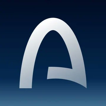 A metallic silver stylized 'A' logo on a dark blue background.