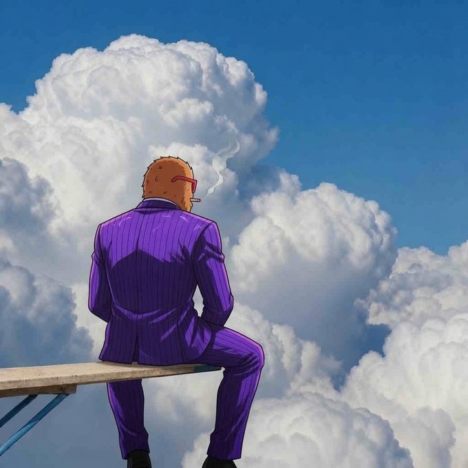 An anime-style illustration of a man in a purple pinstripe suit sitting on a wooden plank, smoking a cigarette while looking out at large cumulus clouds.