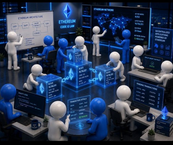 A 3D-rendered illustration of stylized blue and white figures working with holographic blockchain blocks, screens displaying 'ETHEREUM ARCHITECTURE', 'ETHEREUM NETWORK', and 'DECENTRALIZED APPLICATIONS'.