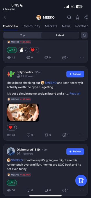 A mobile screenshot of a Telegram channel for MEEKO showing social media posts, including messages from users 'onlyonedev' and 'Dishonored1819' discussing the MEEKO memecoin with a 35.46% change.