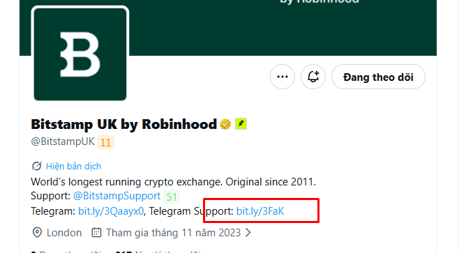 A Twitter/X profile for "Bitstamp UK by Robinhood" (@BitstampUK), describing it as the world's longest running crypto exchange since 2011, with a red box highlighting the Telegram Support link "bit.ly/3FaK".