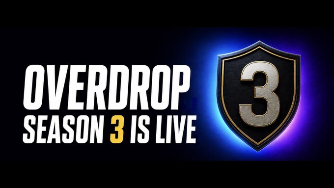 Promotional banner reading 'OVERDROP SEASON 3 IS LIVE' featuring a metallic shield emblem with the number 3 on a dark background with blue glow.