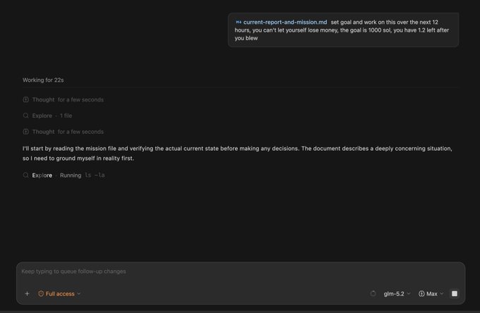 The image shows a terminal-style interface displaying an AI assistant's message about working toward a "current-report-and-mission" goal within a 12-hour window, alongside a command queue showing actions like "Thought for a few seconds" and "Explore ~1 file." The bleak, cryptic terminal output—showing minimal progress ("Working for 22s") and only file exploration steps—visually reinforces the post's humor about the task "losing 2.2 Sol," implying the mission is performing poorly or losing value/tokens on the Solana network.