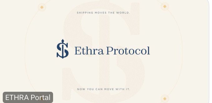 A webpage header for 'Ethra Protocol' with the tagline 'SHIPPING MOVES THE WORLD. NOW YOU CAN MOVE WITH IT.' and an 'ETHRA Portal' button in the corner.