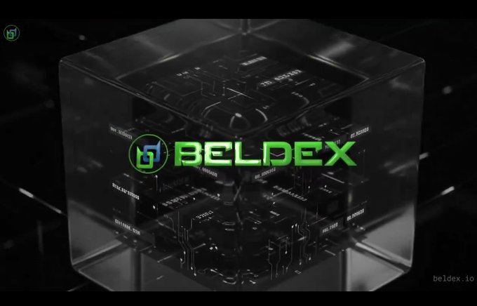 A futuristic graphic featuring a transparent cube with circuitry inside, overlaid with the green 'BELDEX' logo and 'beldex.io' text.