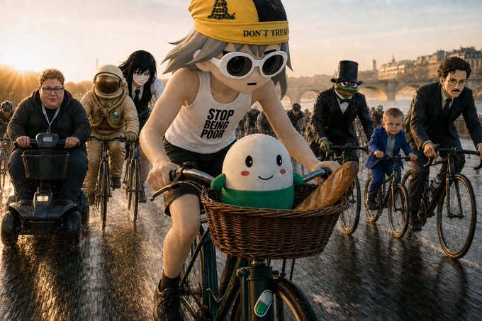 An AI-generated illustration showing an anime-style girl with a Ghibli character in her bicycle basket, wearing a hat reading 'DON'T TREAD' and a shirt saying 'STOP BEING POOR', riding among various eclectic characters.