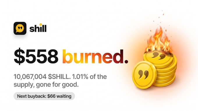 A promotional graphic for the '$SHILL' token showing '$558 burned' with 10,067,004 $SHILL (1.01% of supply) removed permanently, featuring a logo and burning coins.
