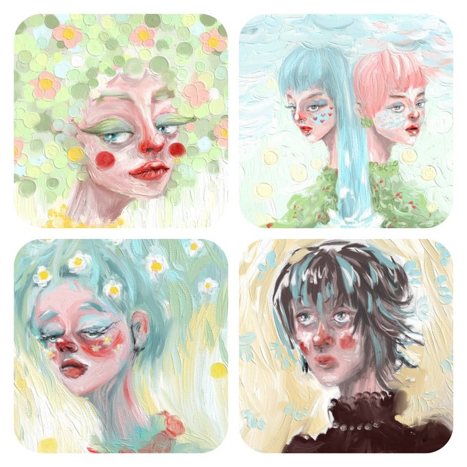 The image features four different paintings of women with unique hairstyles, each showcasing a distinct artistic style. These paintings are arranged in a square format, making them easy to compare and contrast. The first painting depicts a woman with long hair wearing a flower crown, while the second painting shows a woman with short hair wearing a headband. The third painting features a woman with blue hair styled in an updo, and the fourth painting showcases a woman with pink hair wearing a necklace. Each painting is accompanied by a caption that provides more information about the artist's inspiration or technique behind their work.