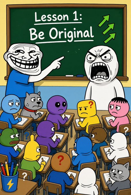 A cartoon classroom scene shows Trollface and Rage Guy (the "FFFFUUUU-" meme) as teachers at a chalkboard reading "Lesson 1: Be Original," with green upward arrows beside the text, instructing a class of various meme characters (including Doge and other figures) who sit at desks with confused expressions. The image visually represents the post's theme of iconic rage comic legends teaching meme culture to a new generation of crypto tokens $TROLL and $RAGEGUY, with the ironic "Be Original" lesson poking fun at how these classic memes are being revived through new cryptocurrency projects.