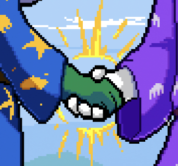 Pixel art depicting a character with a wide, toothy grin breaking through a cracked blue and purple surface with yellow light radiating from the center.