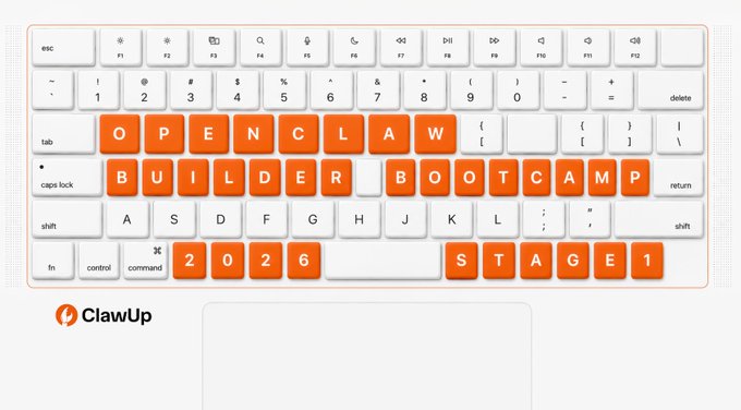 A keyboard displays orange keys spelling out "OPENCLAW BUILDER BOOTCAMP 2026 STAGE 1" with the ClawUp logo below, visually representing the launch of the Agent Builder Challenge referenced in the post.