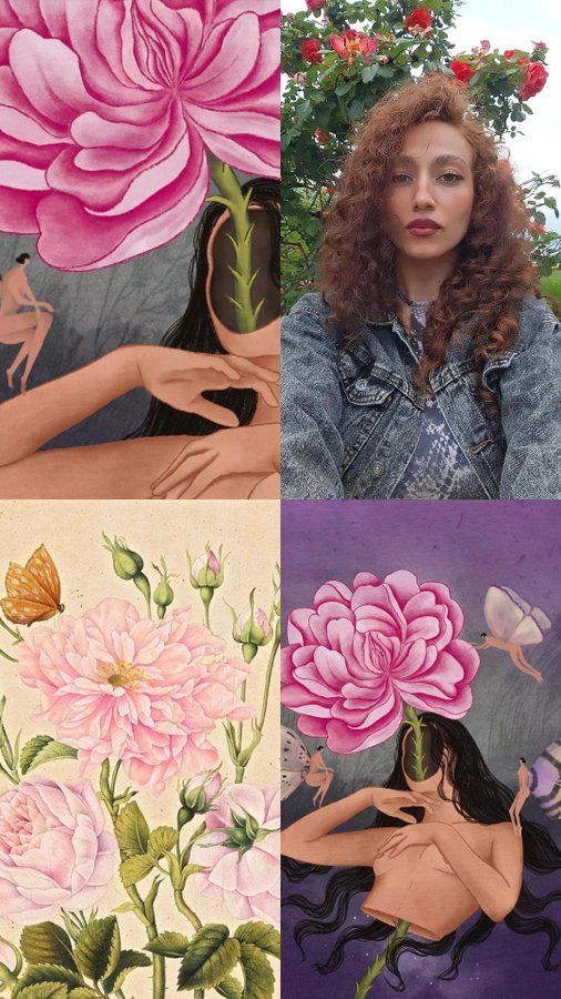 This image is a meme of a merged art and character for fun. The person featured in this image is a girl with curly hair, dressed in jean jacket with a third person mysterious name.