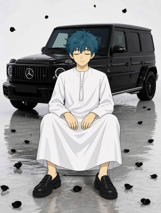 An anime-style illustration depicts a blue-haired character in a white robe sitting calmly in front of a black Mercedes-Benz G-Class SUV, surrounded by floating black petals.