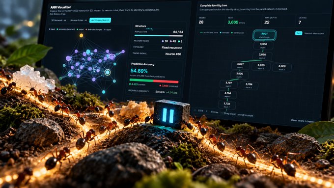 A surreal scene of ants walking on moss near a glowing 'II' block, with AI visualizations showing 'Prediction Accuracy 54.69%' and a complete identity tree in the background.