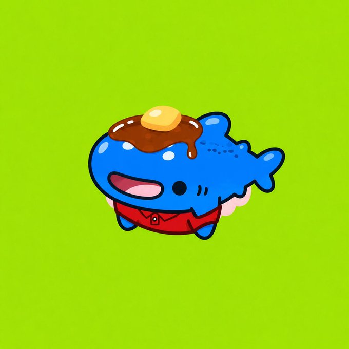 A cute cartoon illustration of a blue whale wearing a red shirt, topped with a pat of butter and dripping chocolate sauce, set against a bright lime-green background.