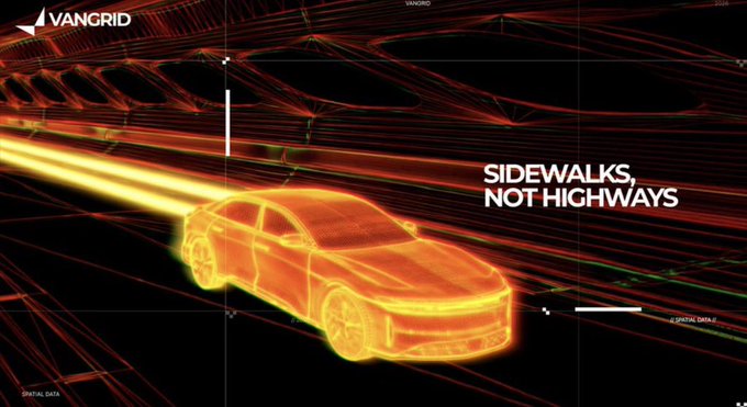 An orange wireframe rendering of a car on a highway with the text 'SIDEWALKS, NOT HIGHWAYS' and a 'VANGRID' logo.