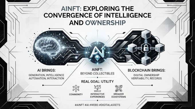 An infographic titled 'AINFT: EXPLORING THE CONVERGENCE OF INTELLIGENCE AND OWNERSHIP' detailing the intersection of AI and blockchain, with hashtags '#AINFT #AI #WEB3 #DIGITALASSETS' at the bottom.