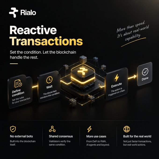 A Rialo promotional graphic for "Reactive Transactions" with the tagline "Set the condition. Let the blockchain handle the rest," illustrating a workflow of Define condition → Wait → Execute → Done, and highlighting benefits like "No external bots" and "Built for the real world." The image visually supports the post's point by showing that Rialo handles transaction automation directly on-chain, eliminating the need for external bots to monitor and trigger future actions.