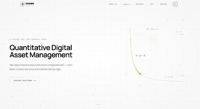 The image shows DAMM Capital's redesigned website homepage, featuring the headline "Quantitative Digital Asset Management" with a tagline "PLAYING LONG-TERM, PRINCIPLED GAMES" and a call-to-action button reading "EXPLORE SOLUTIONS," accompanied by a mathematical graph displaying equations like x·y=k against a clean, minimal white background. The redesign reflects the post's message about providing a "clearer home" for DAMM's institutional DeFi infrastructure and quantitative research offerings, presenting their brand with the same mathematical rigor and professional aesthetic that aligns with their mission of integrating DeFi into traditional finance.