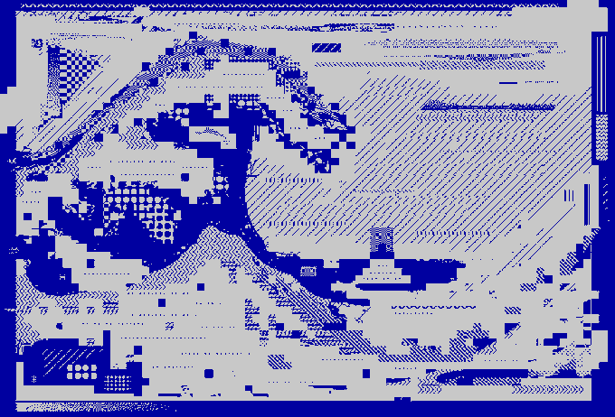 A heavily corrupted or glitched image shows abstract blue and gray patterns, possibly depicting a person with distorted visual artifacts and pixelation throughout.