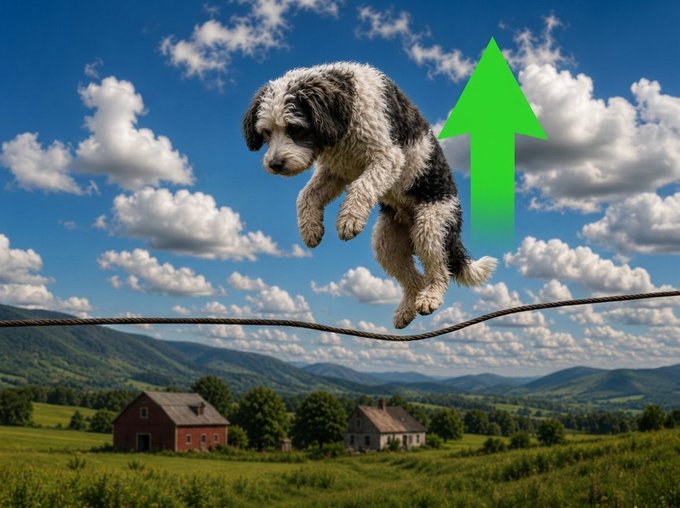 A fluffy black and white dog leaps upward along a tightrope stretched above a rural landscape with farmhouses and mountains, while a large green upward arrow points skyward—visually reinforcing the post's message that the higher the dog climbs, the more $DOW is made.