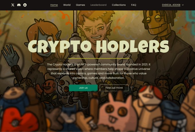 A landing page for 'CRYPTO HODLERS,' an NFT-powered community brand founded in 2021, featuring cartoon artwork of characters and a 'Join us' button alongside a wallet address '0XB83A...4D06B'.