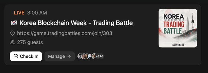A digital event listing shows a 'LIVE 3:00 AM' event titled 'Korea Blockchain Week - Trading Battle' with 275 guests and a link to game.tradingbattles.com/join/303.