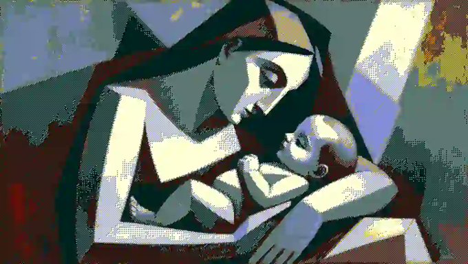 A cubist-style painting depicting two figures in angular, geometric forms with muted blues, grays, and browns, resembling Picasso's style.
