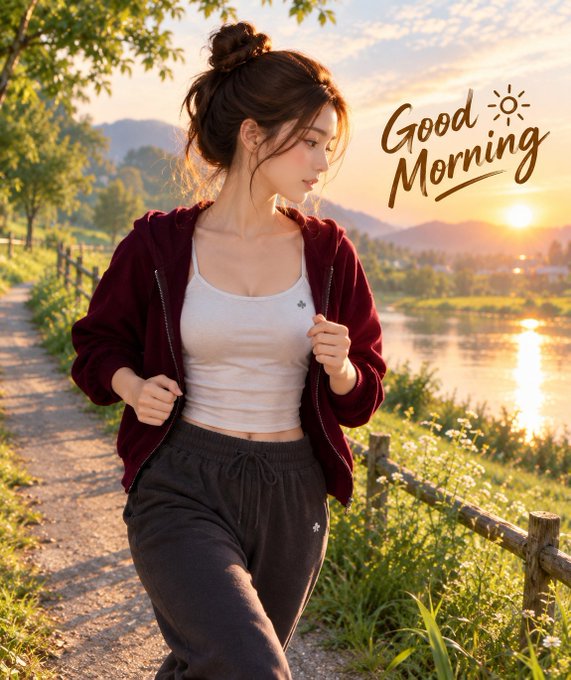 A stylized image of a woman in a maroon hoodie and white tank top walking along a path by a lake at sunrise, with 'Good Morning' text in the corner.