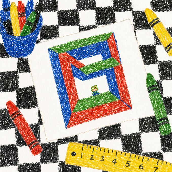 Colorful crayon-style drawing of a red, green, and blue Penrose impossible shape with a small frog, surrounded by crayons, a ruler, and a checkered background.
