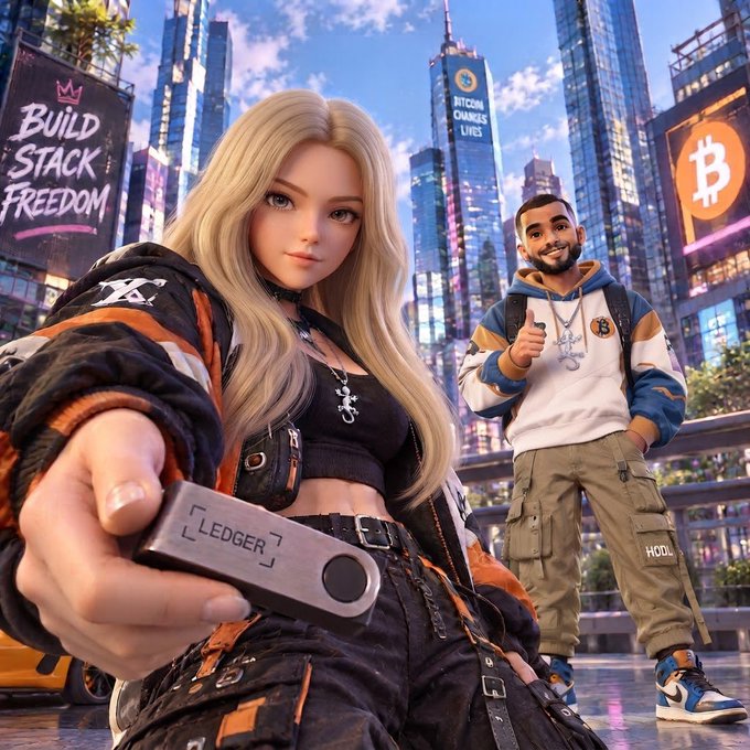 A stylized 3D illustration of a blonde woman holding a Ledger hardware wallet and a man giving a thumbs up, set in a futuristic city with billboards for 'BUILD STACK FREEDOM' and 'BITCOIN CHANGER LIVES' plus a Bitcoin logo.
