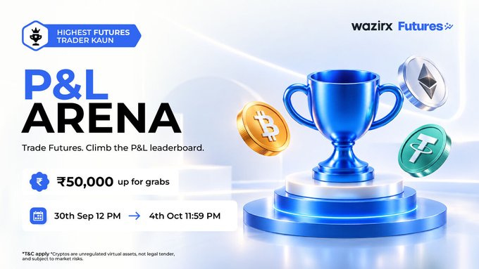 Promotional banner for WazirX Futures' "P&L Arena Round 7" trading contest, featuring a blue trophy flanked by Bitcoin and Tether coins, with a ₹50,000 reward pool and contest running from 30th Sept 12 PM to 4th Oct 11:59 PM IST.