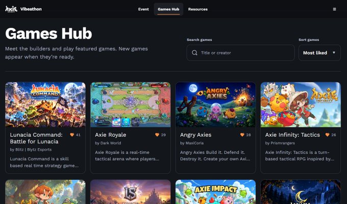 The image shows the Vibeathon Games Hub page featuring four playable games: "Lunacia Command: Battle for Lunacia" by Blitz (41 likes), "Axie Royale" by Dark World (28 likes), "Angry Axies" by MaxiCoria (28 likes), and "Axie Infinity: Tactics" by PrismRangers (26 likes), all of which are available at the linked URL.