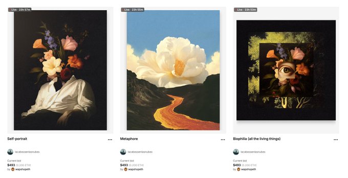 An online art gallery listing displaying three artworks titled 'Self-portrait', 'Metaphore', and 'Biophilia (all the living things)' by scalecerebrumstudios, each listed at $493.