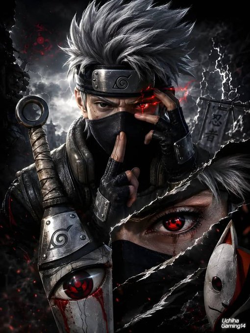 Digital artwork of Kakashi from Naruto (artist: Uchiha Gaming14) with silver hair, a masked face, and glowing red Sharingan eyes, alongside a similar masked figure.