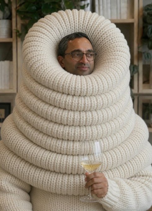 A man with glasses is enveloped in a massive, coiled beige knit sculpture that resembles a cocoon or snake, while holding a glass of white wine.
