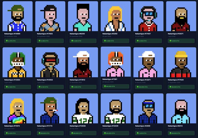A grid displays pixel art NFT profile pictures, labeled as 'Nakamigos' with various IDs and ETH values.