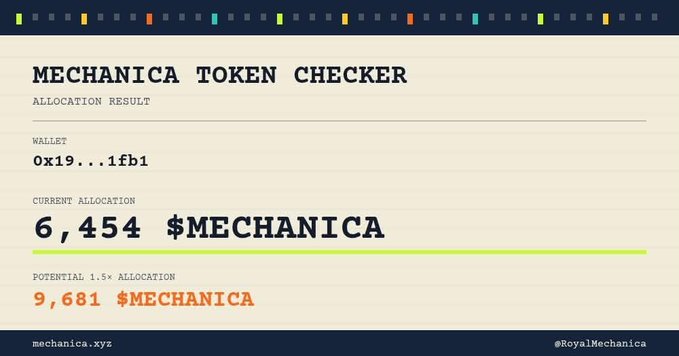 The image displays a "Mechanica Token Checker" interface showing an allocation result for wallet address 0x19...1fb1, with a current allocation of 6,454 $MECHANICA and a potential 1.5x allocation of 9,681 $MECHANICA, branding it as a tool to check hidden $MECHANICA rewards for active Robinhood users at mechanica.xyz.