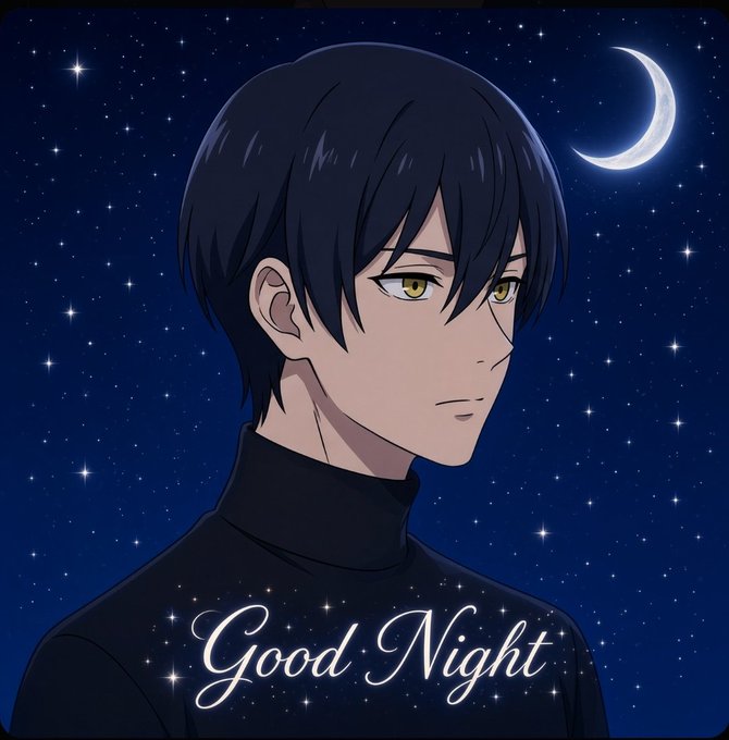 An anime-style illustration of a young man with dark hair and golden eyes wearing a black turtleneck, set against a starry night sky with a crescent moon, featuring the cursive text 'Good Night'.