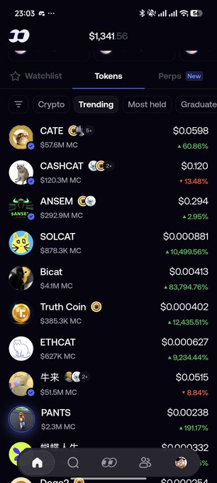 A mobile screenshot from a crypto app showing trending tokens including CATE, CASHCAT, ANSEM, SOLCAT, Bicat, Truth Coin, and ETHCAT with their prices and percentage changes.