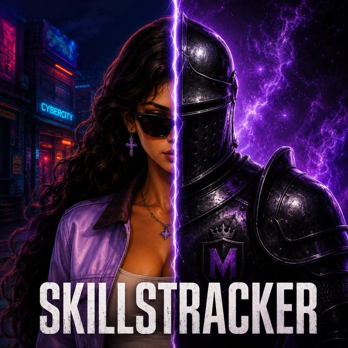 An image titled 'SKILLSTRACKER' showing a split design with a woman in sunglasses on the left in a cyberpunk city, and a knight in dark armor with an 'M' shield emblem on the right against a purple background.