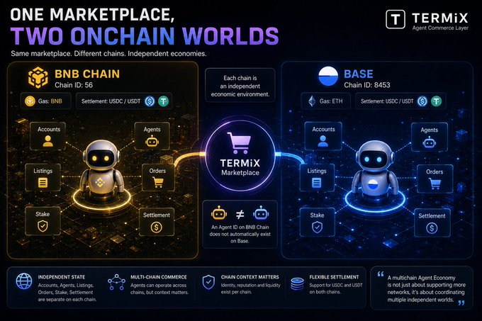 A digital graphic for the 'TERMiX' agent commerce layer titled 'ONE MARKETPLACE, TWO ONCHAIN WORLDS', showing 'BNB CHAIN' (Gas: BNB) and 'BASE' (Gas: ETH) as separate independent economic environments.