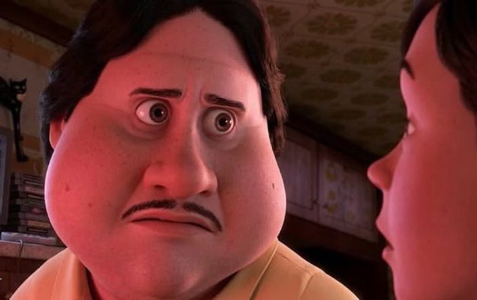 An animated scene shows a wide-eyed man with a mustache looking surprised as he faces another character, with a black cat in the background.