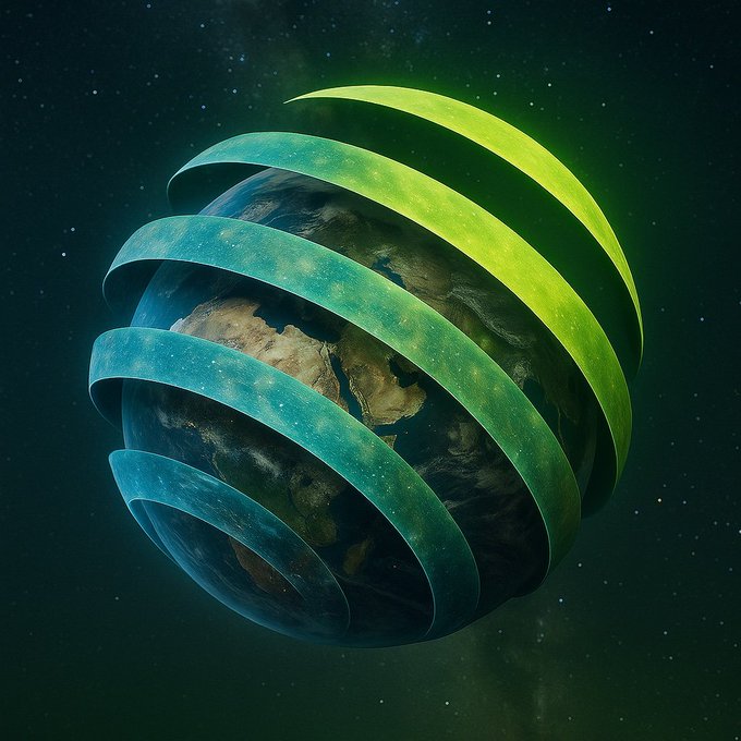 A digital artwork of planet Earth surrounded by glowing, swirling bands of teal and yellow-green against a starry space background.